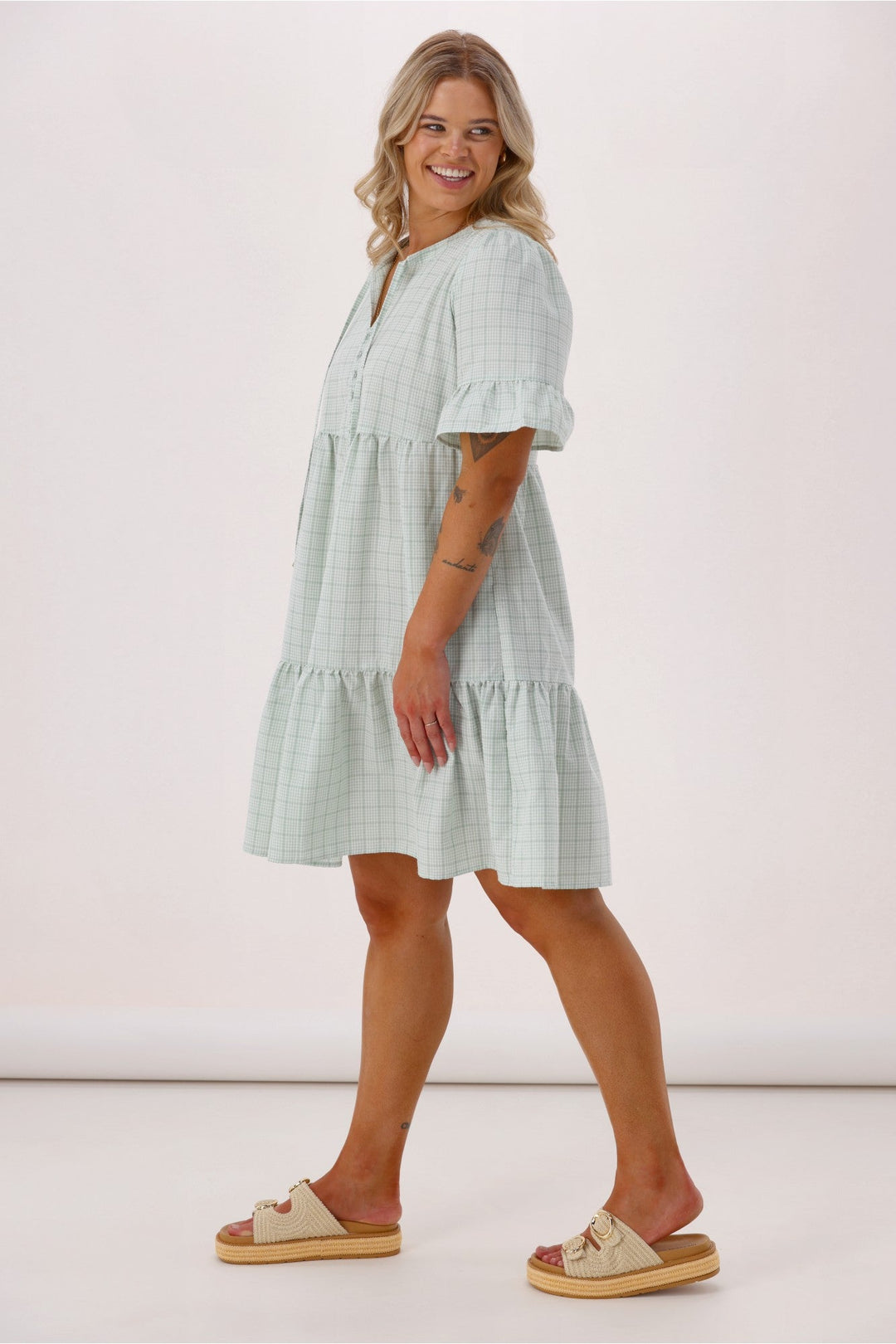 Sunday Boho Joanie Ruffle Cuff Sleeve Dress Sage Gingham