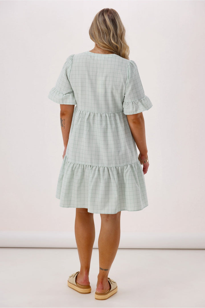 Sunday Boho Joanie Ruffle Cuff Sleeve Dress Sage Gingham
