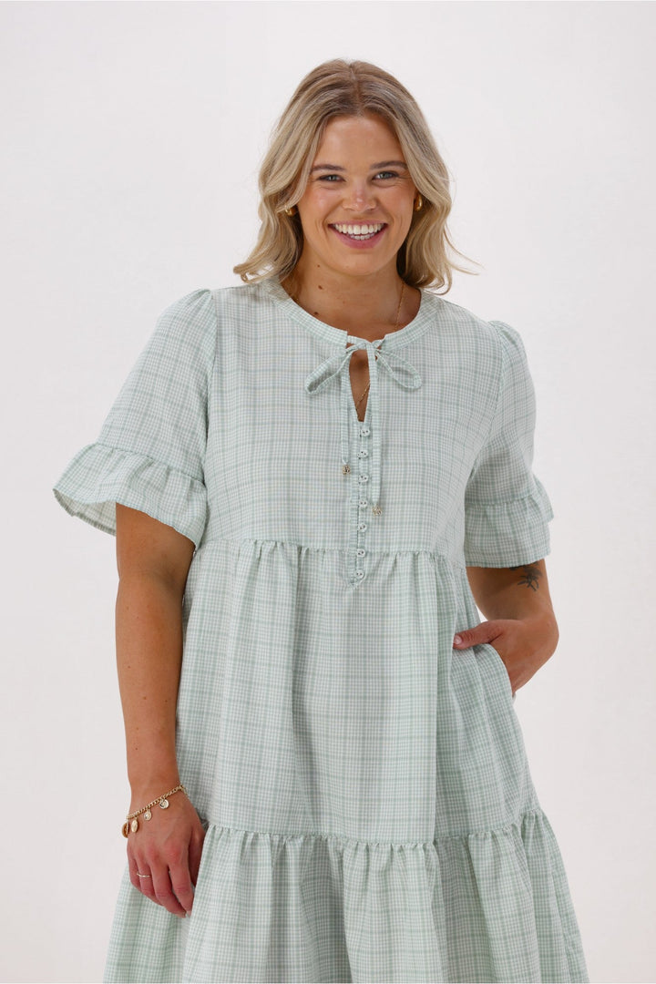 Sunday Boho Joanie Ruffle Cuff Sleeve Dress Sage Gingham