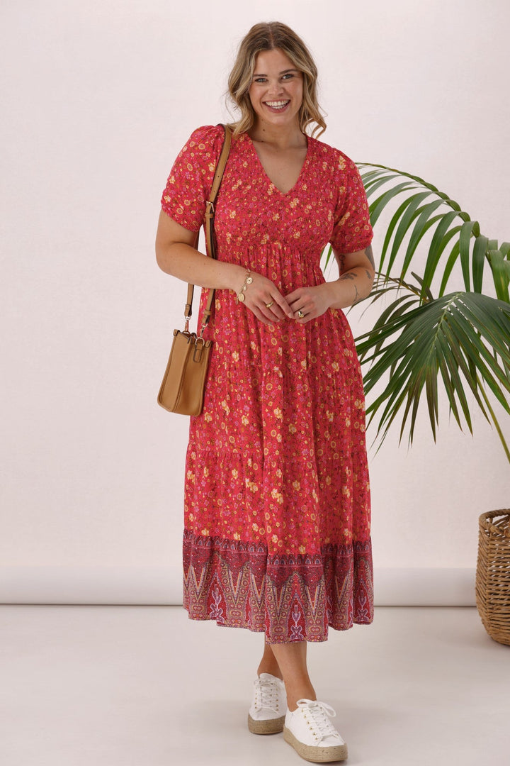 Sunday Boho Jordan Dress Coral Floral Print