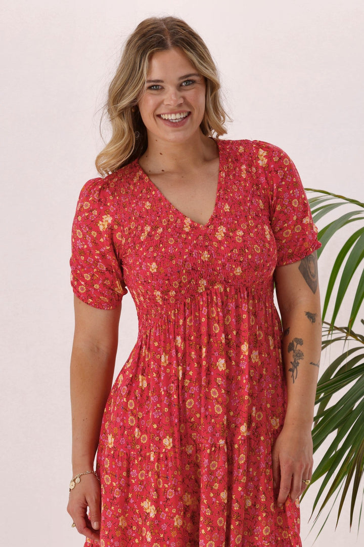Sunday Boho Jordan Dress Coral Floral Print