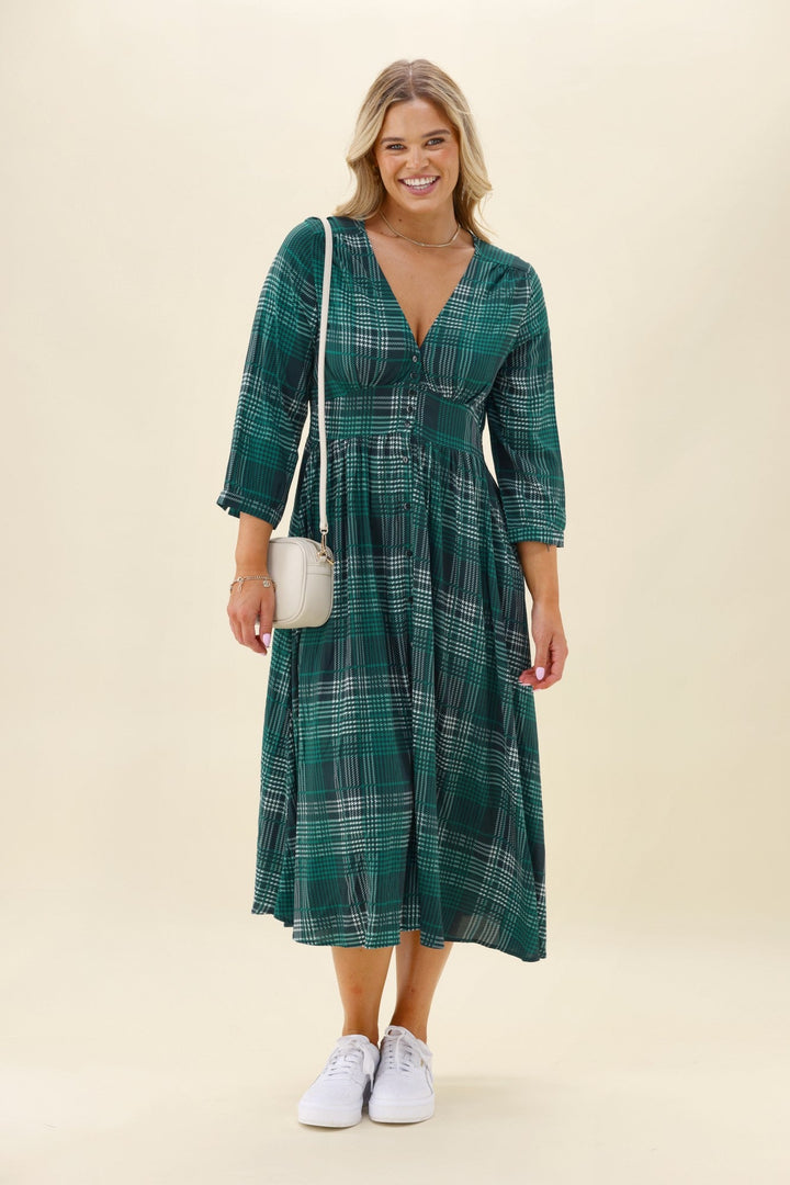 Sunday Boho Kathy Midi Dress Green Gingham