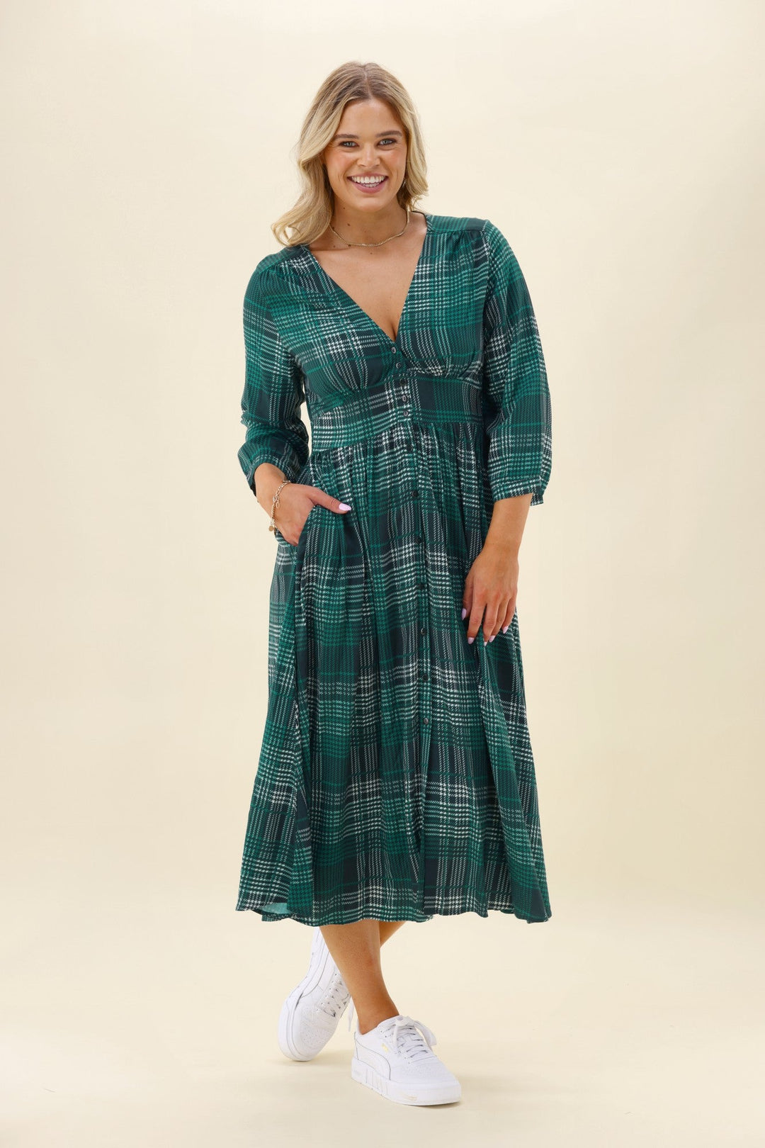 Sunday Boho Kathy Midi Dress Green Gingham