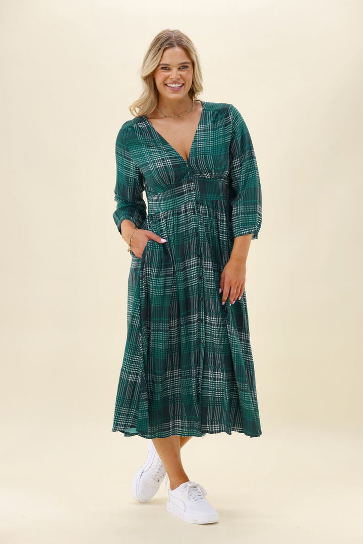 Sunday Boho Kathy Midi Dress Green Gingham