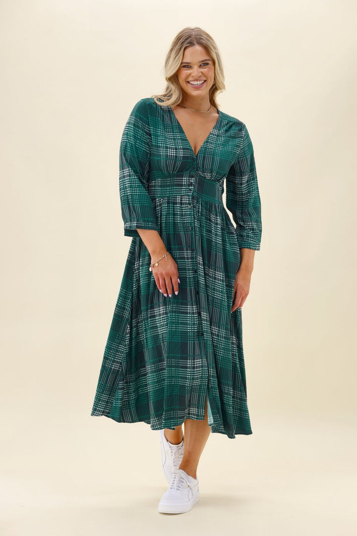 Sunday Boho Kathy Midi Dress Green Gingham