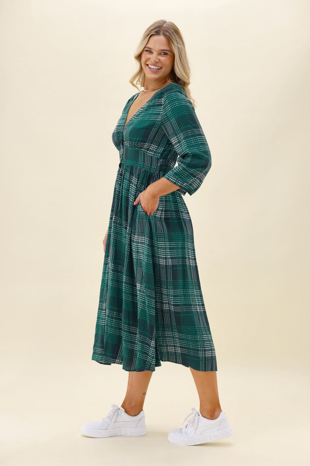 Sunday Boho Kathy Midi Dress Green Gingham