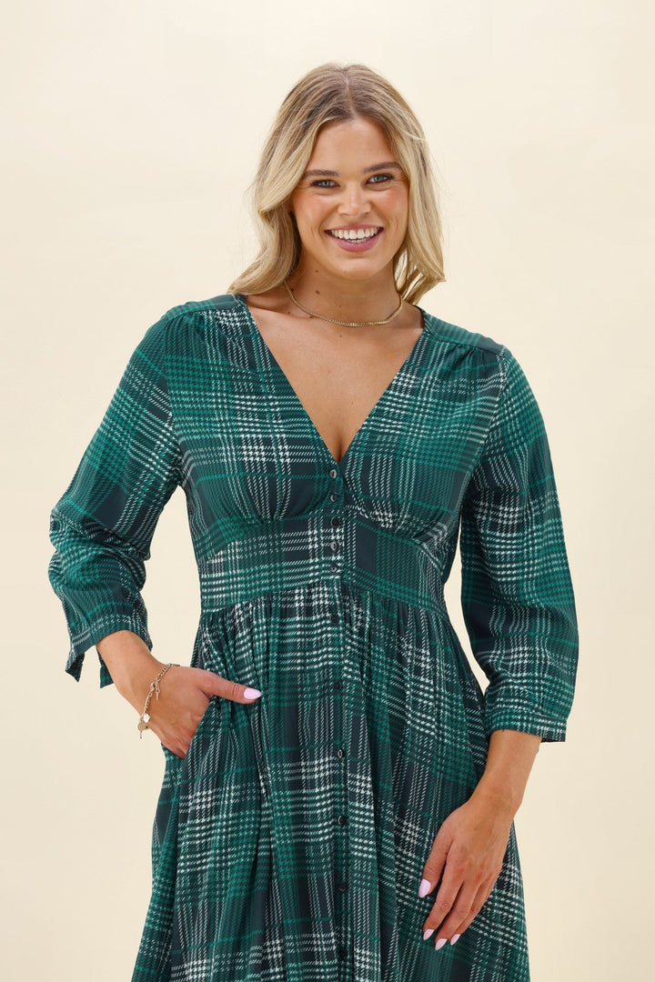 Sunday Boho Kathy Midi Dress Green Gingham