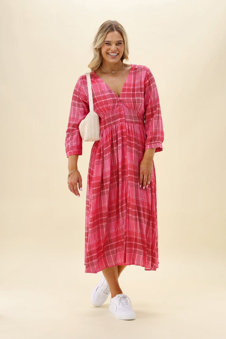 Sunday Boho Kathy Midi Dress Pink Gingham