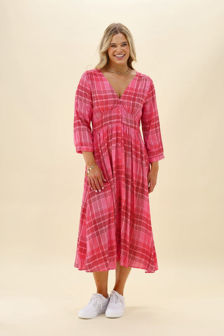 Sunday Boho Kathy Midi Dress Pink Gingham