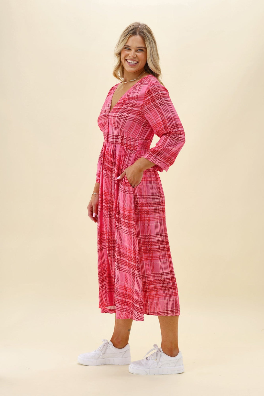 Sunday Boho Kathy Midi Dress Pink Gingham