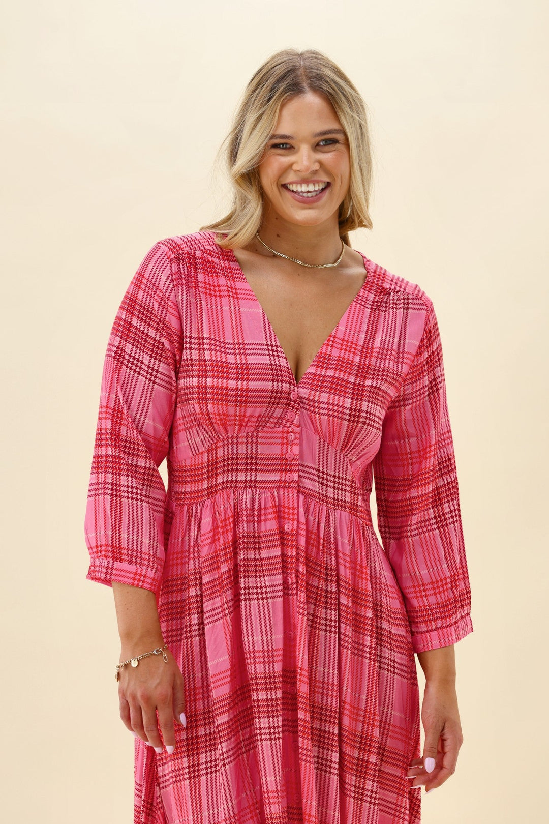 Sunday Boho Kathy Midi Dress Pink Gingham