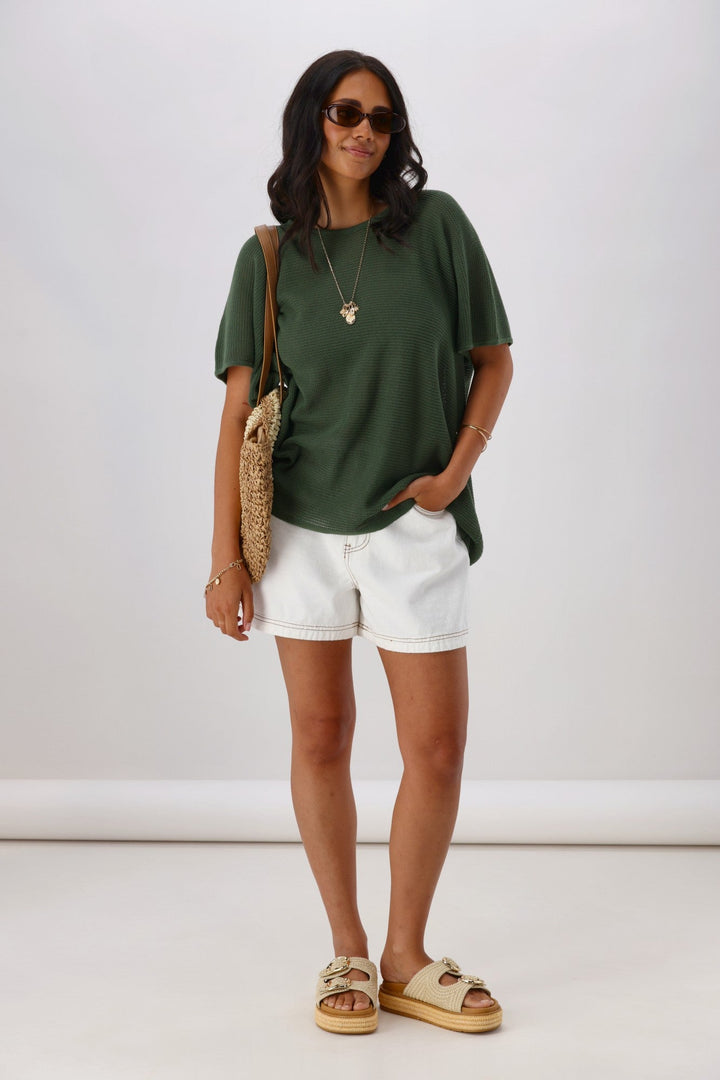 Sunday Boho Milan Mesh Knit Top Khaki