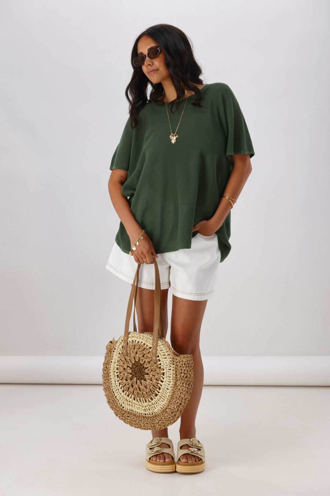 Sunday Boho Milan Mesh Knit Top Khaki