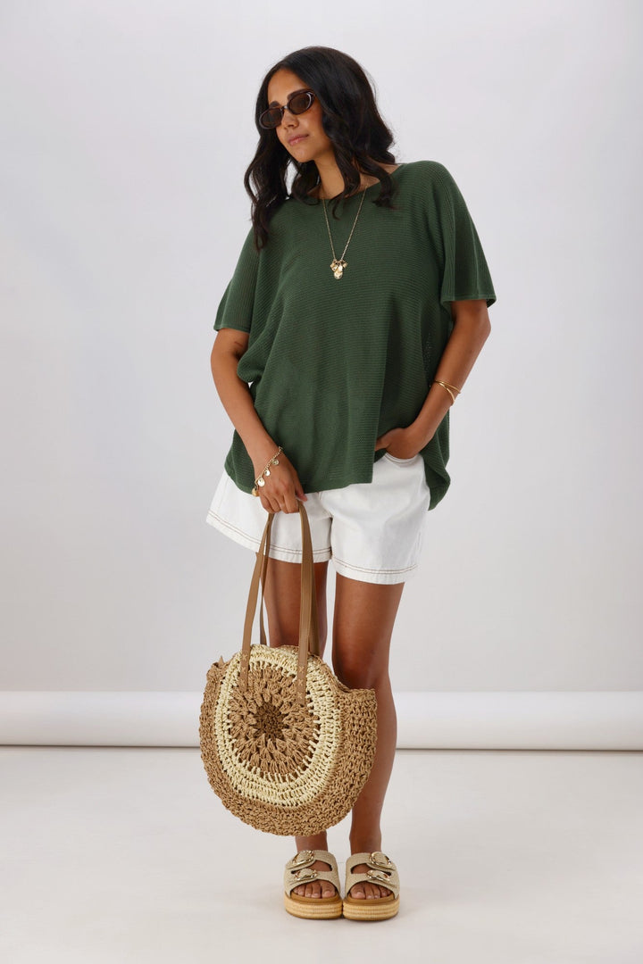 Sunday Boho Milan Mesh Knit Top Khaki