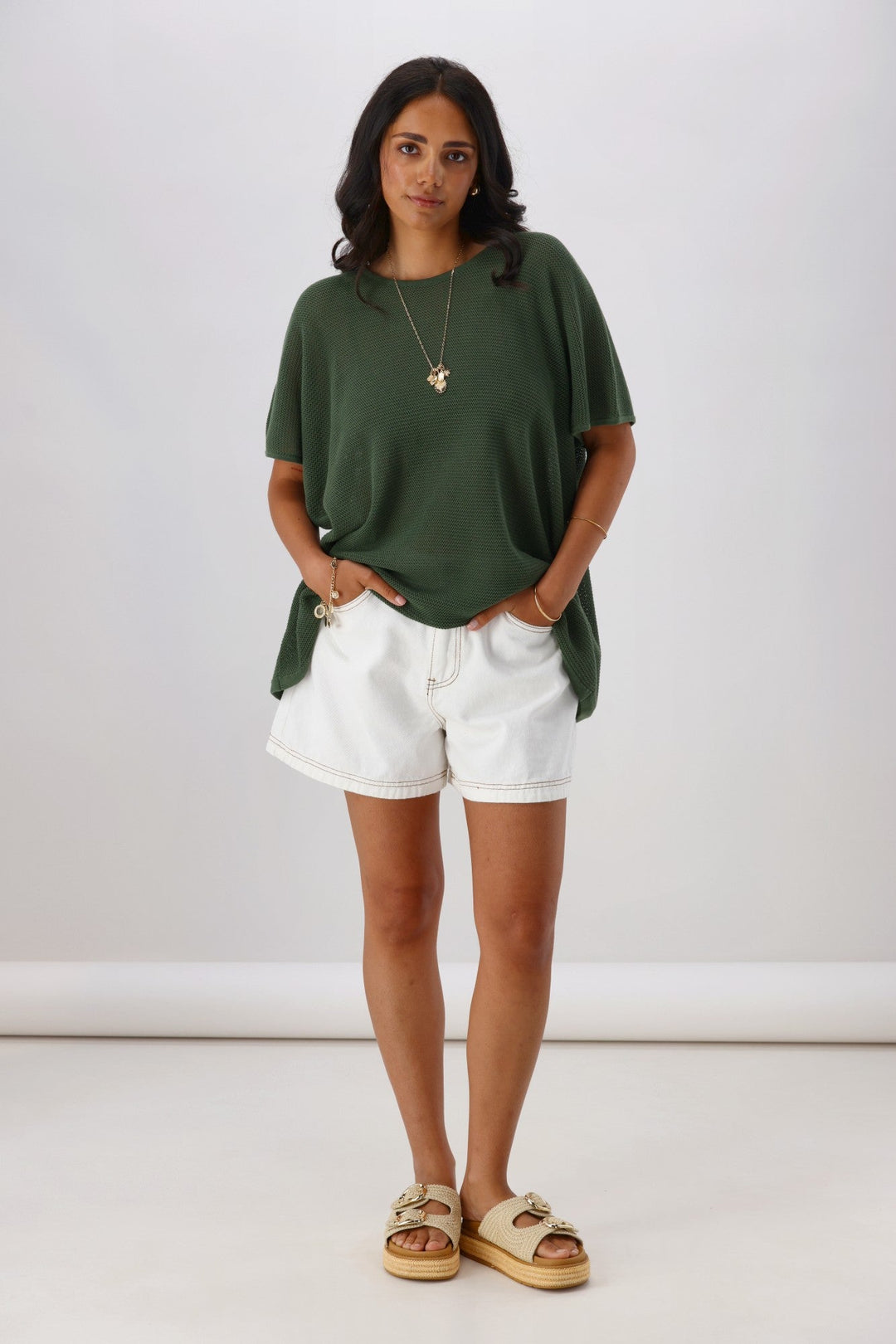 Sunday Boho Milan Mesh Knit Top Khaki