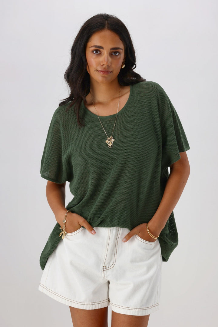 Sunday Boho Milan Mesh Knit Top Khaki