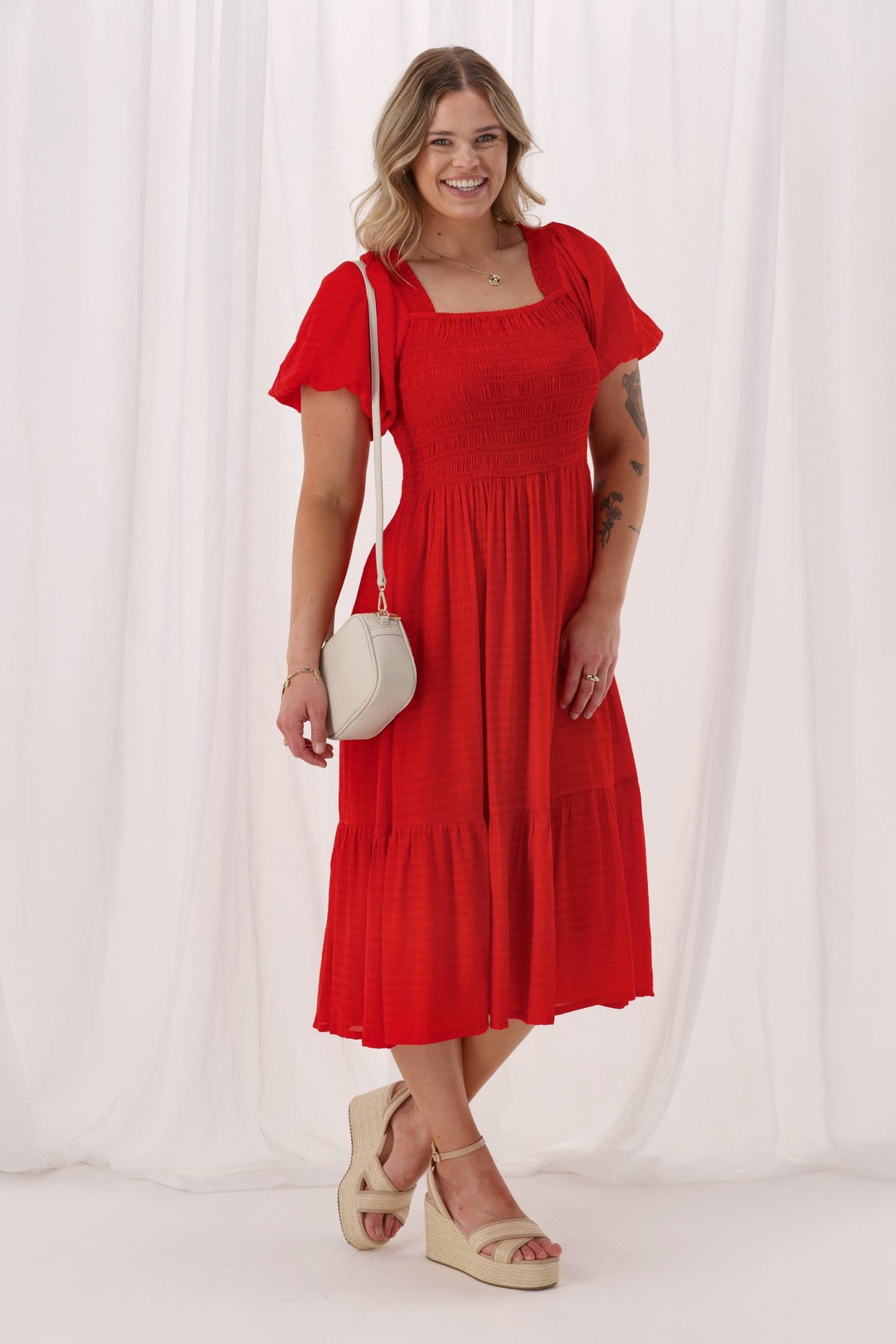Sunday Boho Monroe Shirred Puff Sleeve Dress Poppy