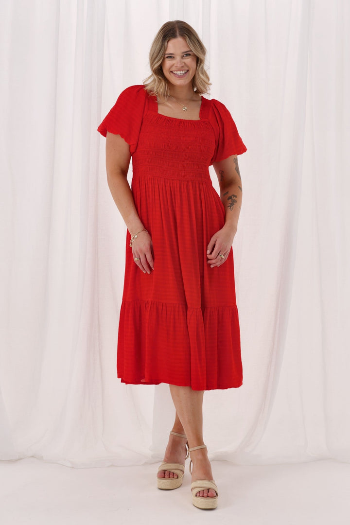 Sunday Boho Monroe Shirred Puff Sleeve Dress Poppy