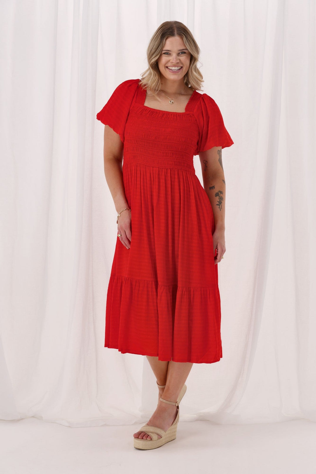 Sunday Boho Monroe Shirred Puff Sleeve Dress Poppy