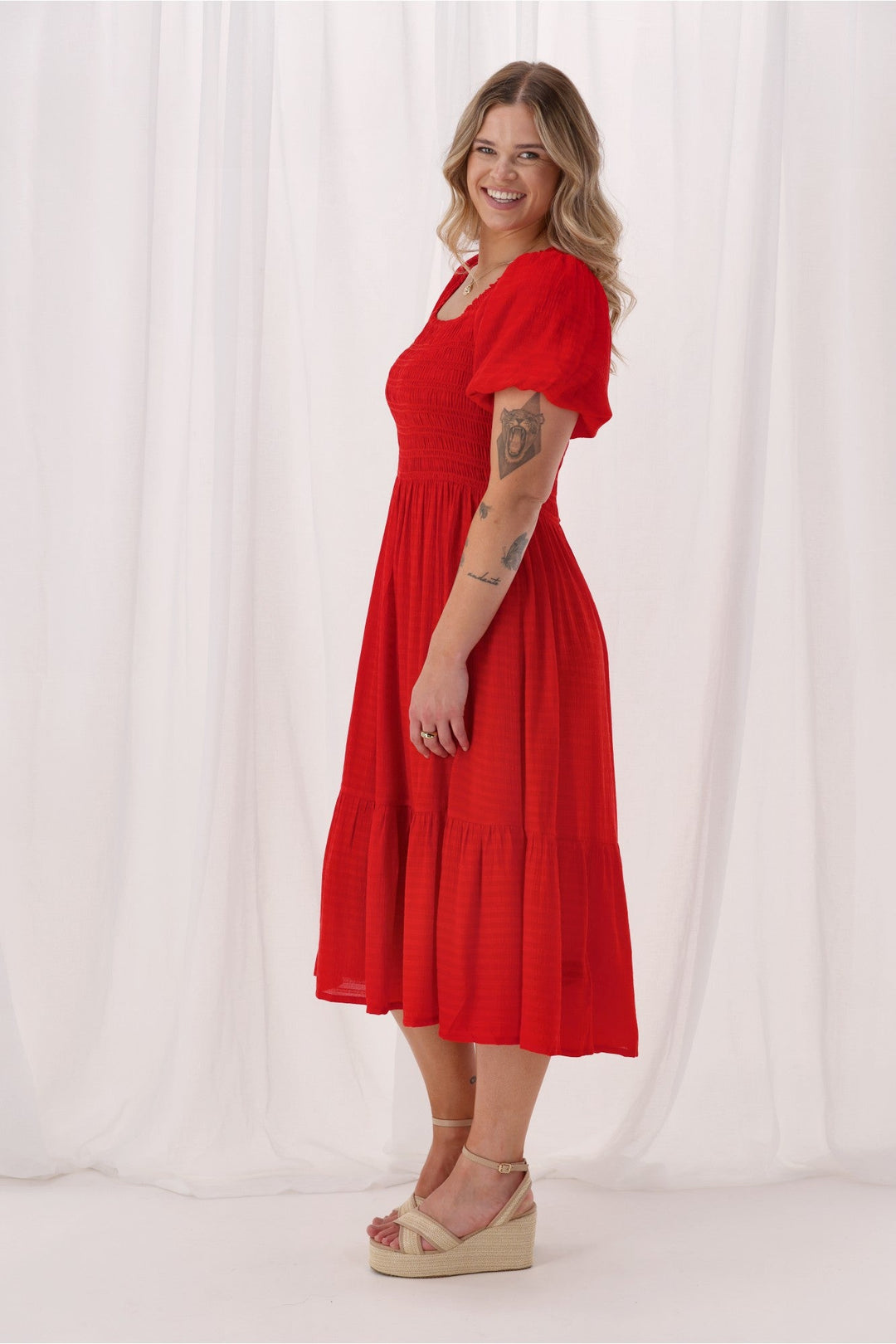Sunday Boho Monroe Shirred Puff Sleeve Dress Poppy