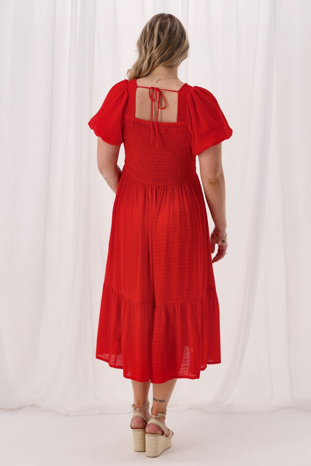 Sunday Boho Monroe Shirred Puff Sleeve Dress Poppy