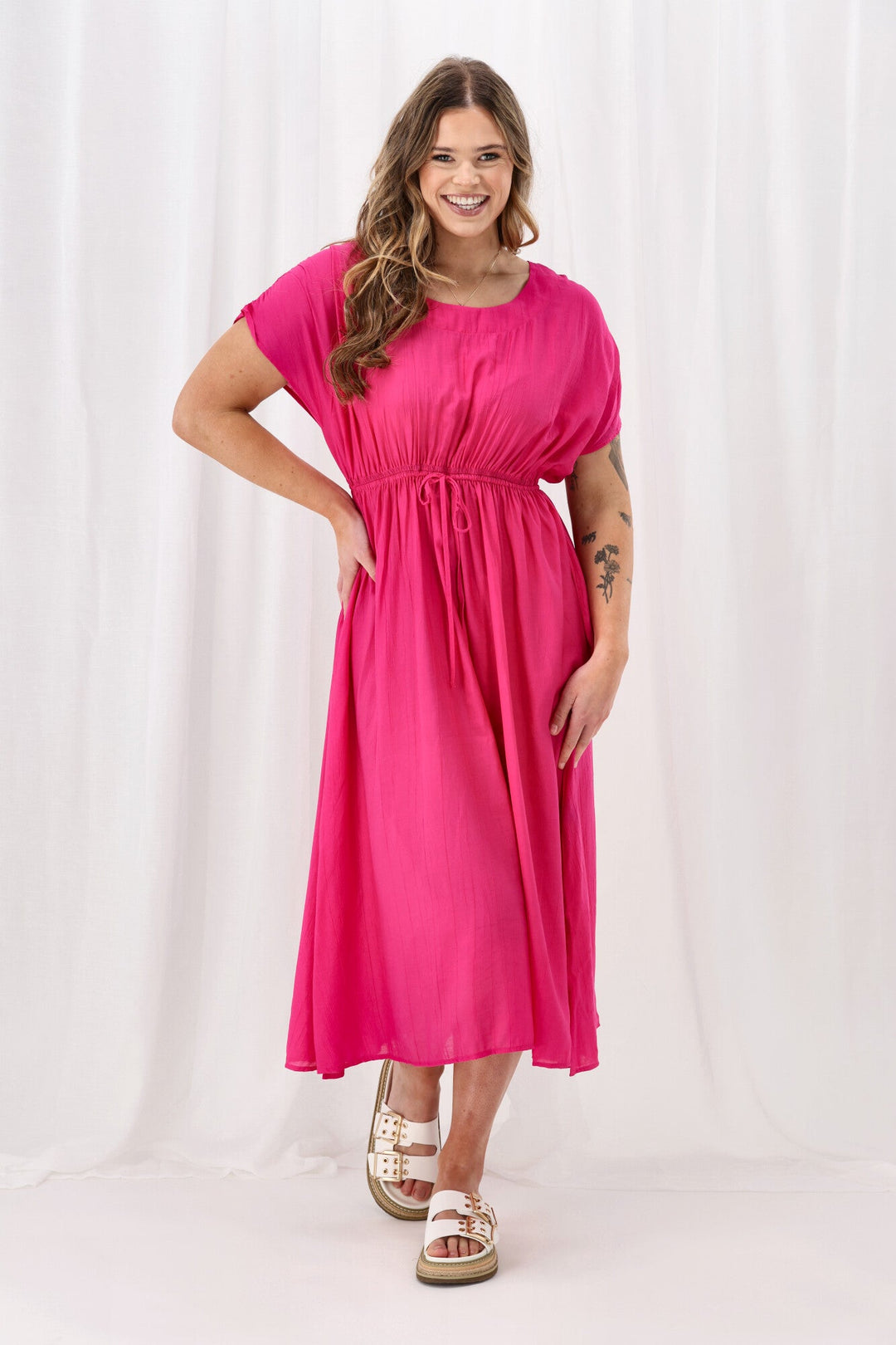 Sunday Boho Myra Shirred Shoulder Dress Fuchsia