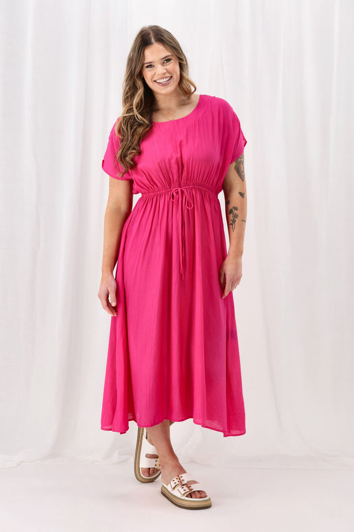 Sunday Boho Myra Shirred Shoulder Dress Fuchsia