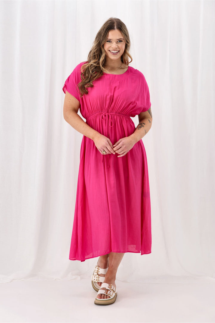 Sunday Boho Myra Shirred Shoulder Dress Fuchsia