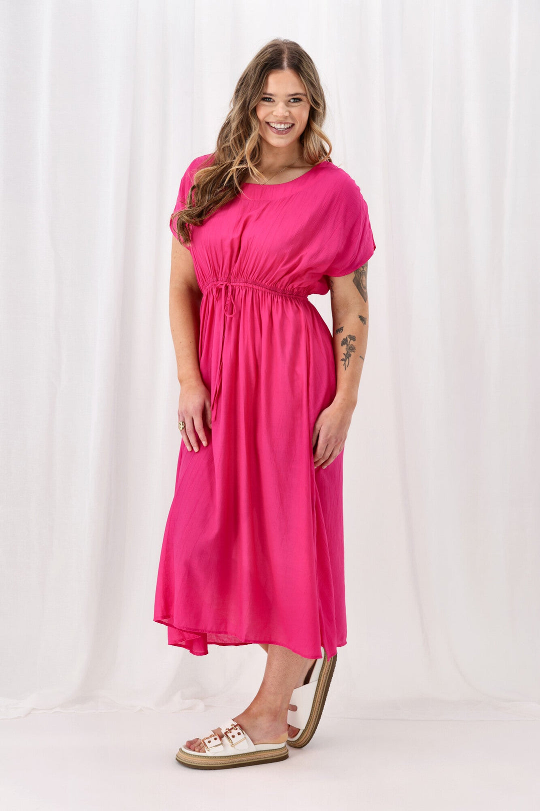 Sunday Boho Myra Shirred Shoulder Dress Fuchsia