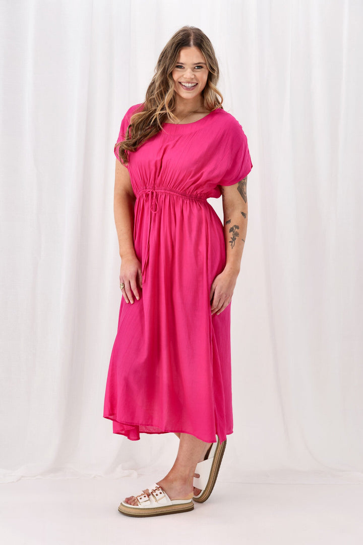 Sunday Boho Myra Shirred Shoulder Dress Fuchsia