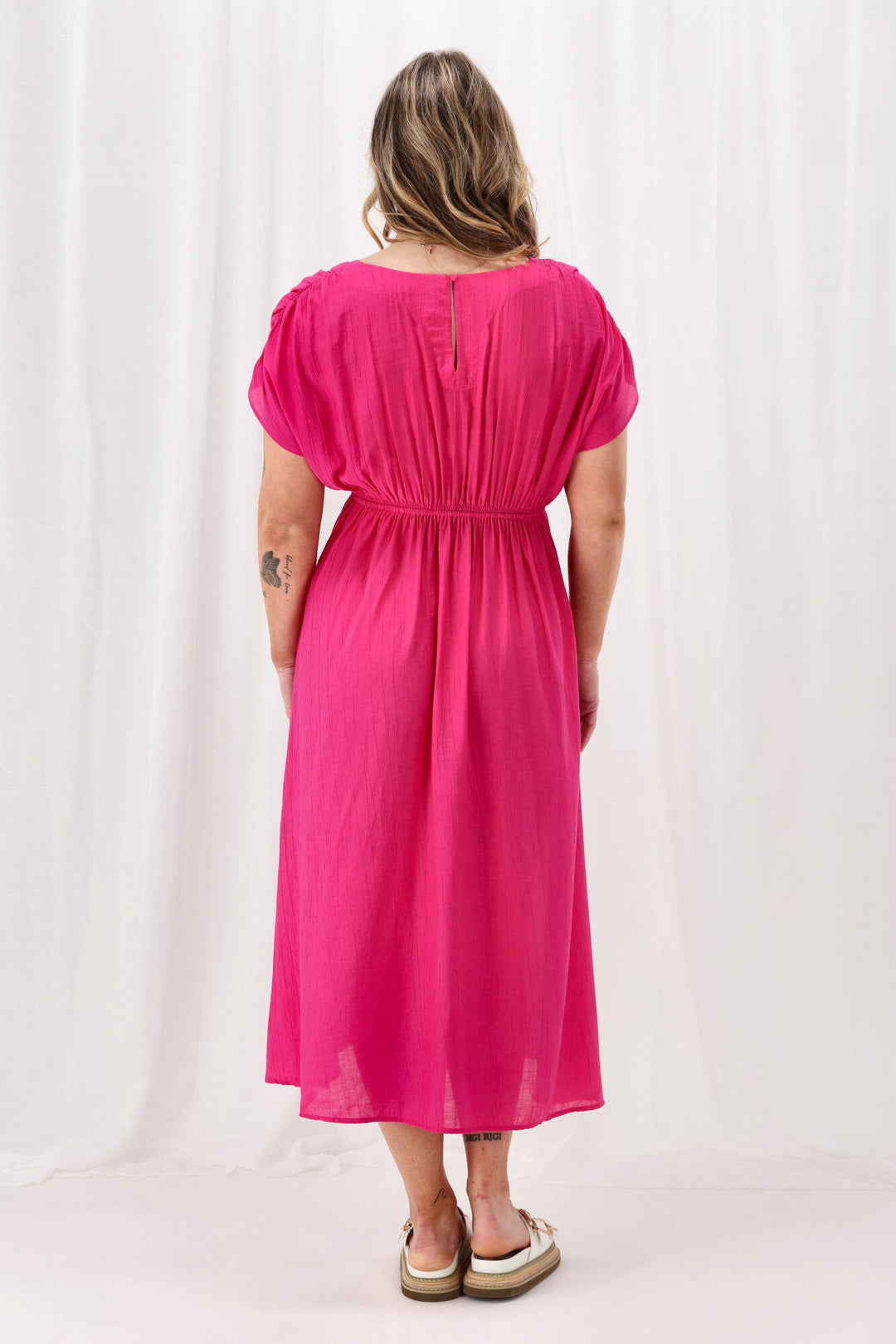 Sunday Boho Myra Shirred Shoulder Dress Fuchsia