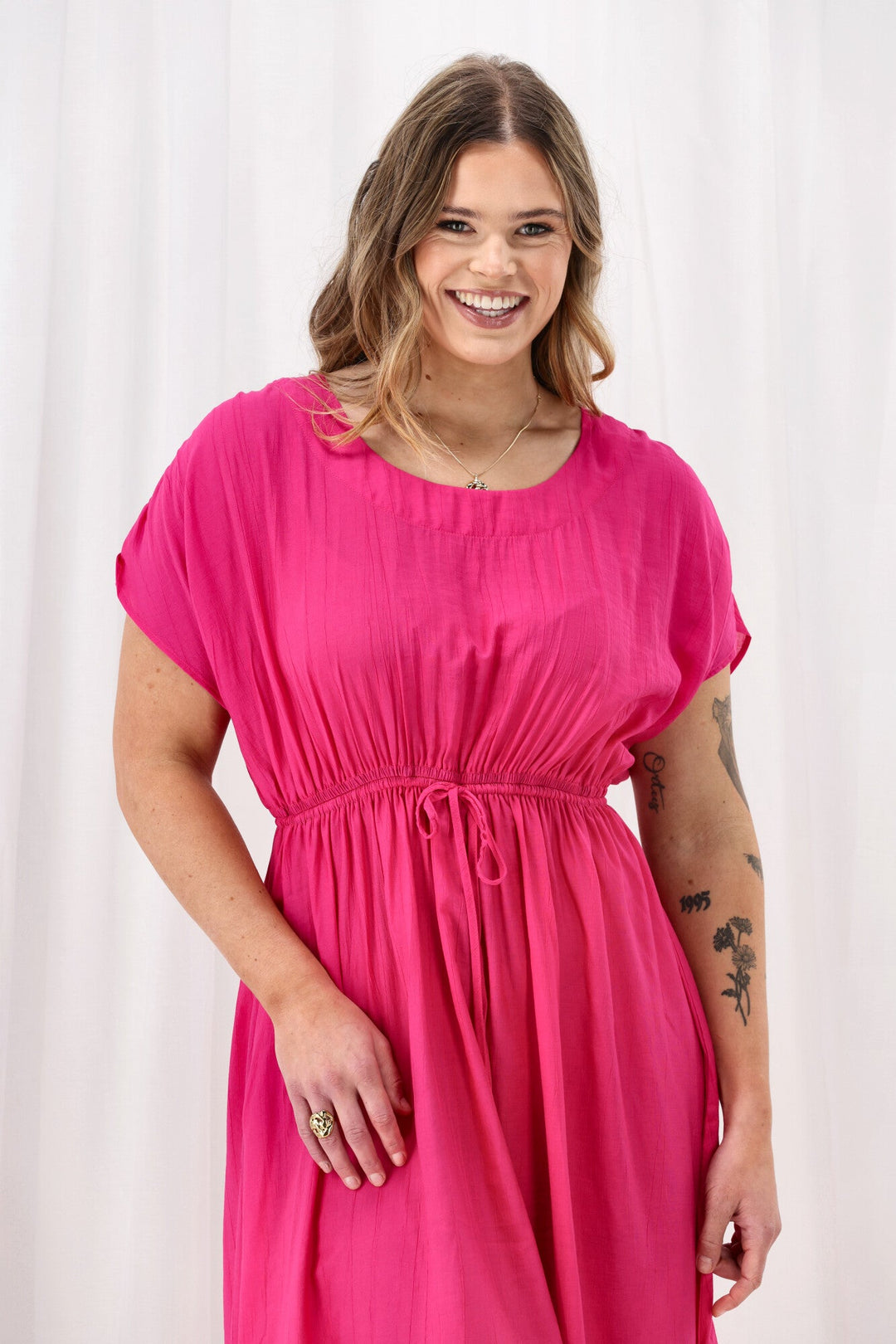 Sunday Boho Myra Shirred Shoulder Dress Fuchsia