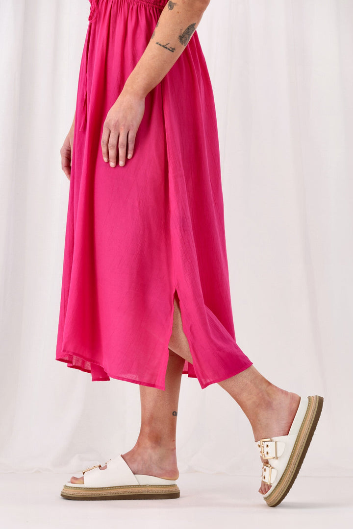 Sunday Boho Myra Shirred Shoulder Dress Fuchsia