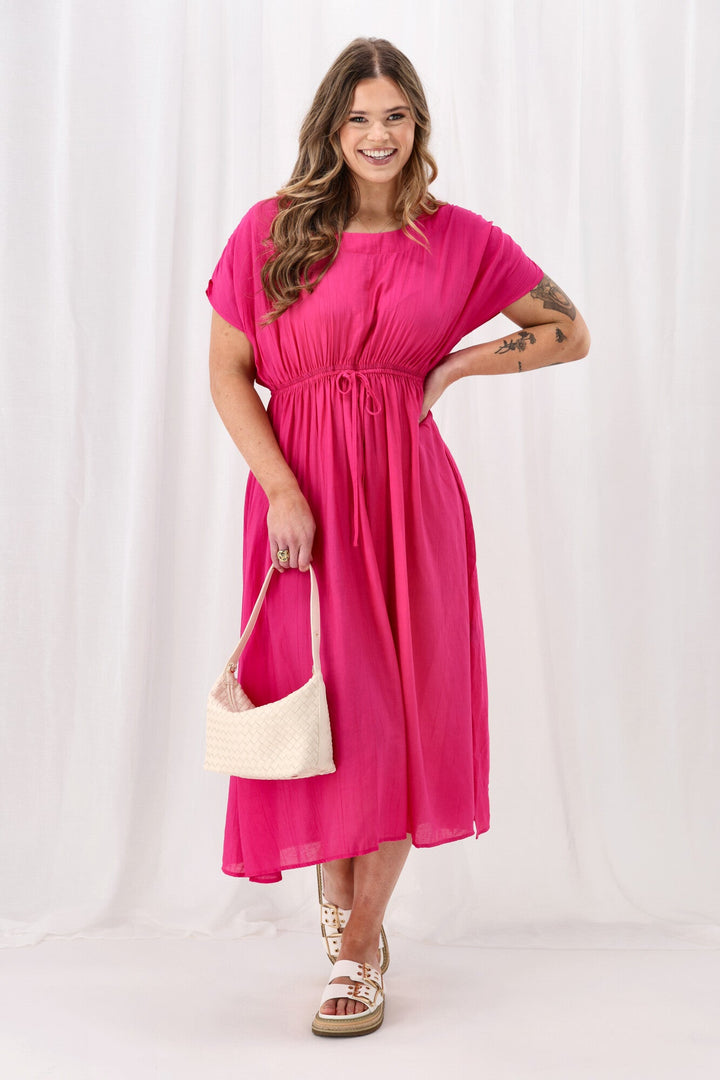 Sunday Boho Myra Shirred Shoulder Dress Fuchsia