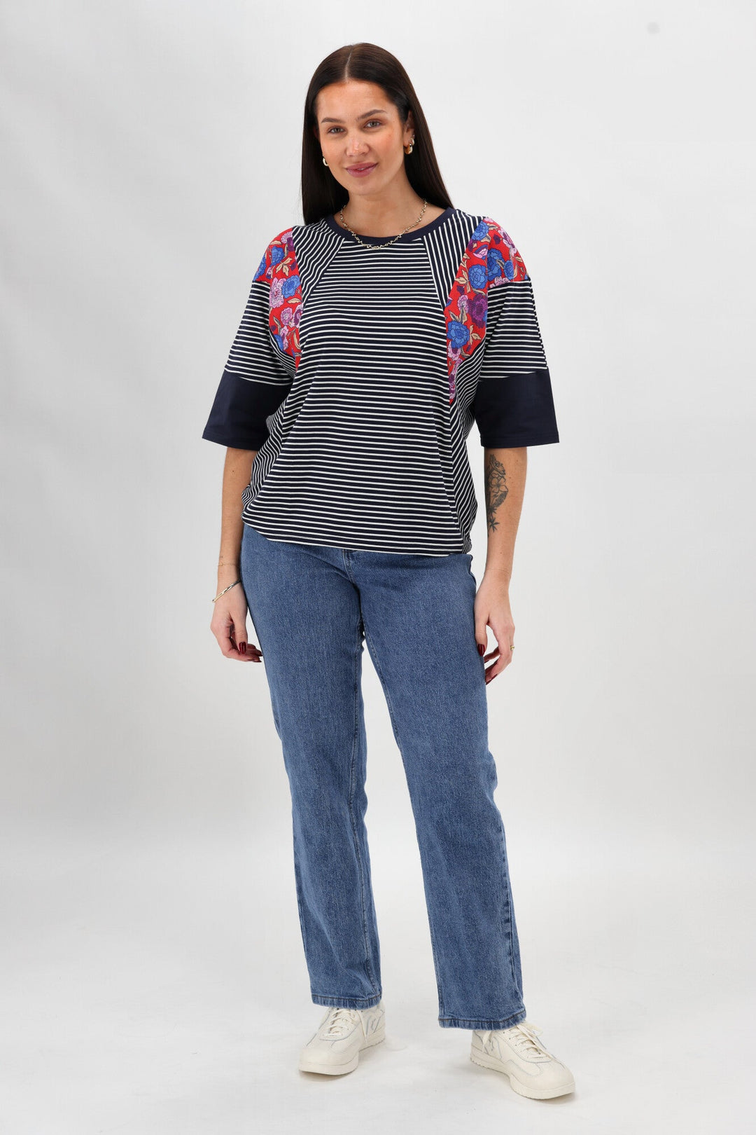 Sunday Boho Paula Floral Panelled Top Navy and White Stripe