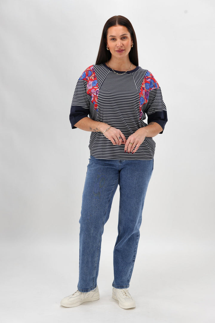 Sunday Boho Paula Floral Panelled Top Navy and White Stripe