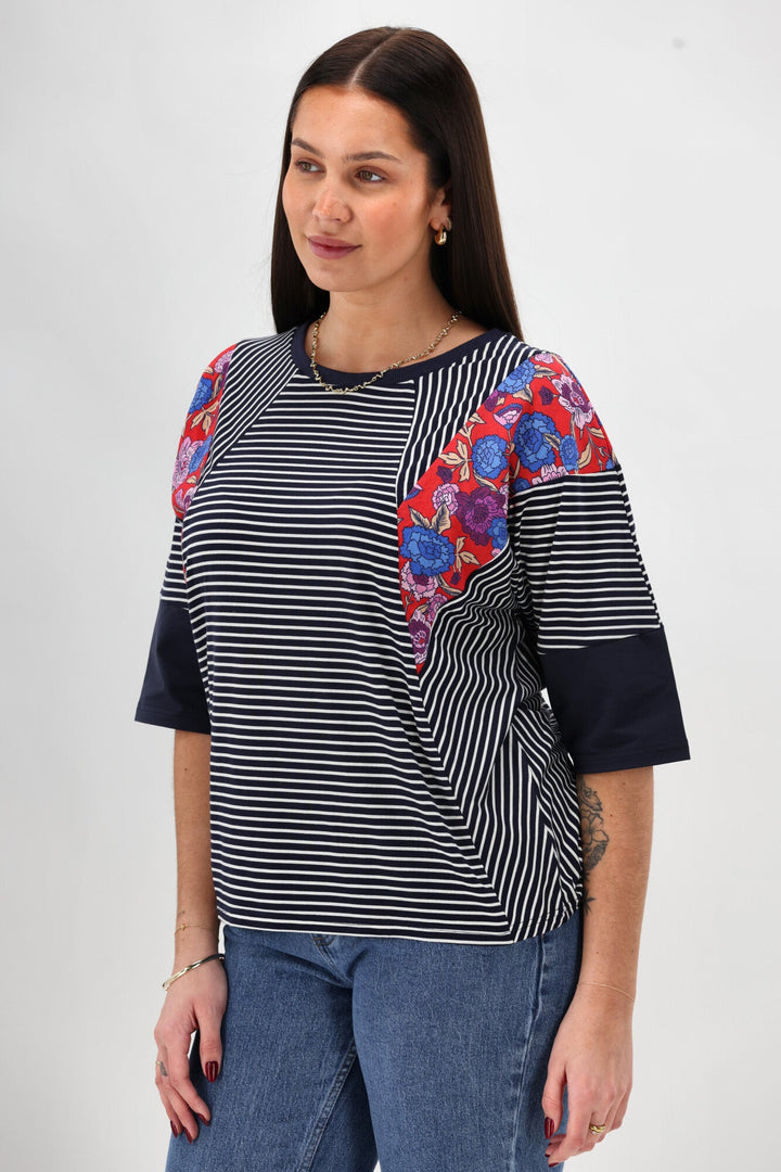 Sunday Boho Paula Floral Panelled Top Navy and White Stripe