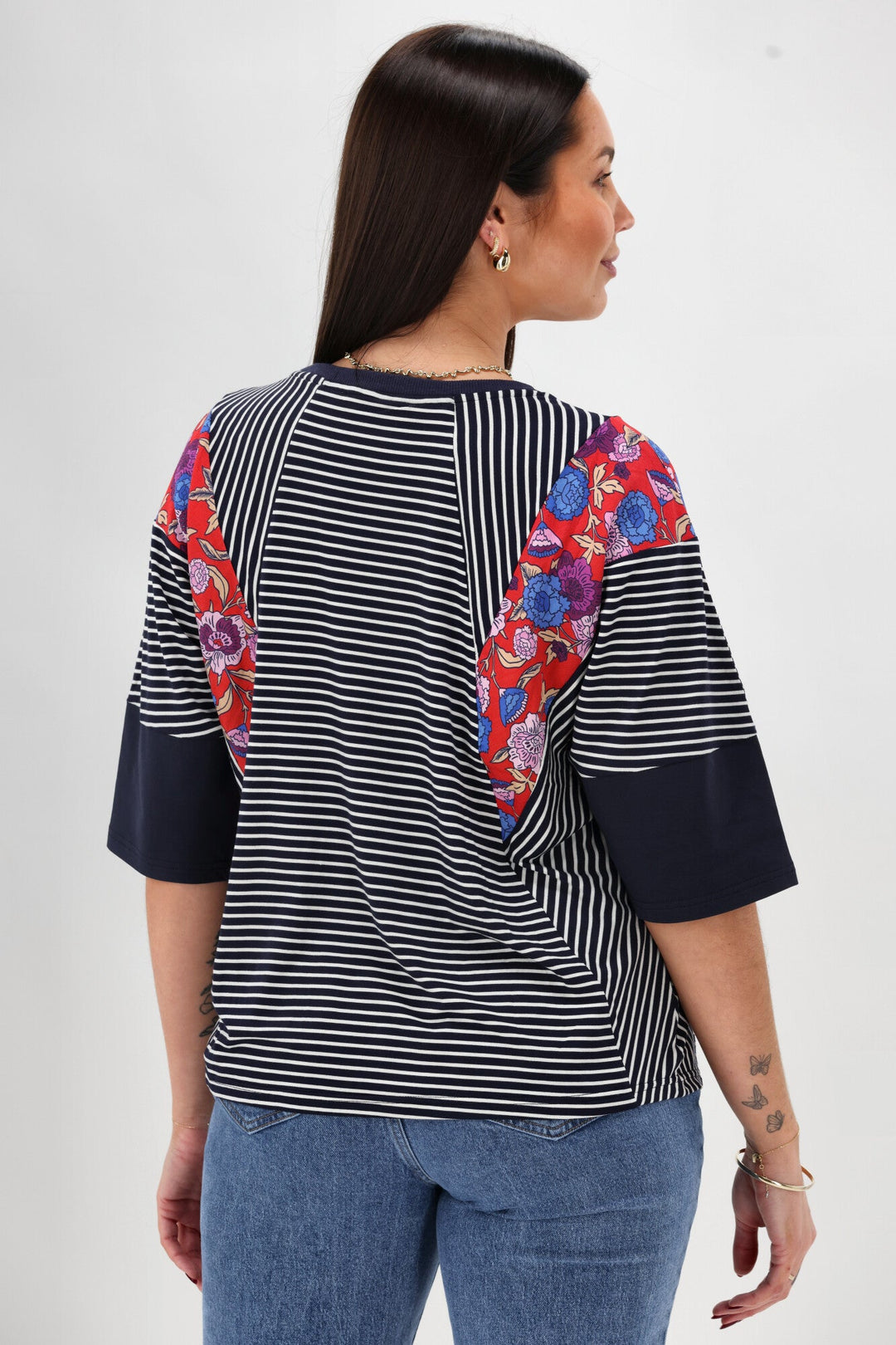 Sunday Boho Paula Floral Panelled Top Navy and White Stripe