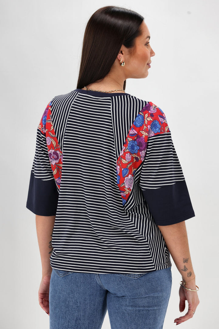 Sunday Boho Paula Floral Panelled Top Navy and White Stripe
