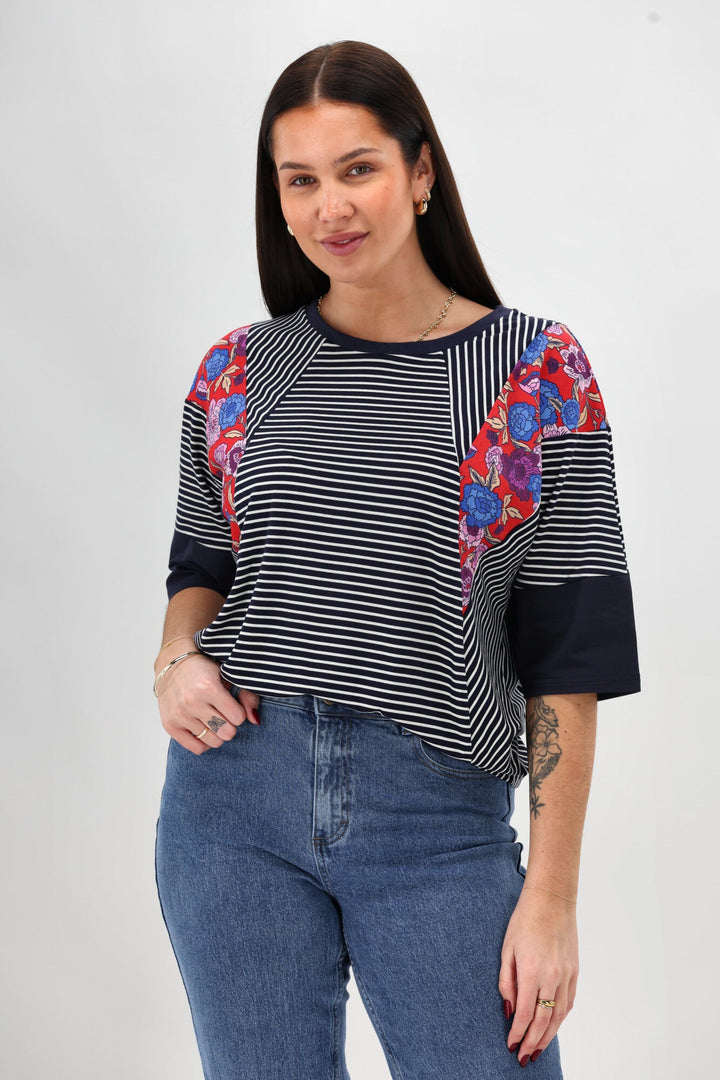 Sunday Boho Paula Floral Panelled Top Navy and White Stripe