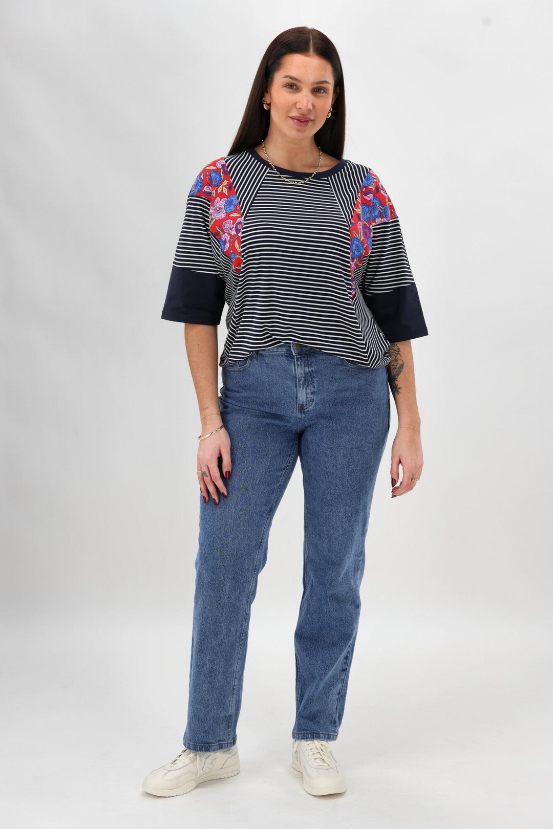 Sunday Boho Paula Floral Panelled Top Navy and White Stripe