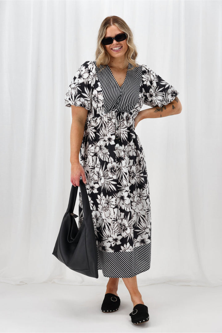Sunday Boho Rebecca Border Print Dress Black White