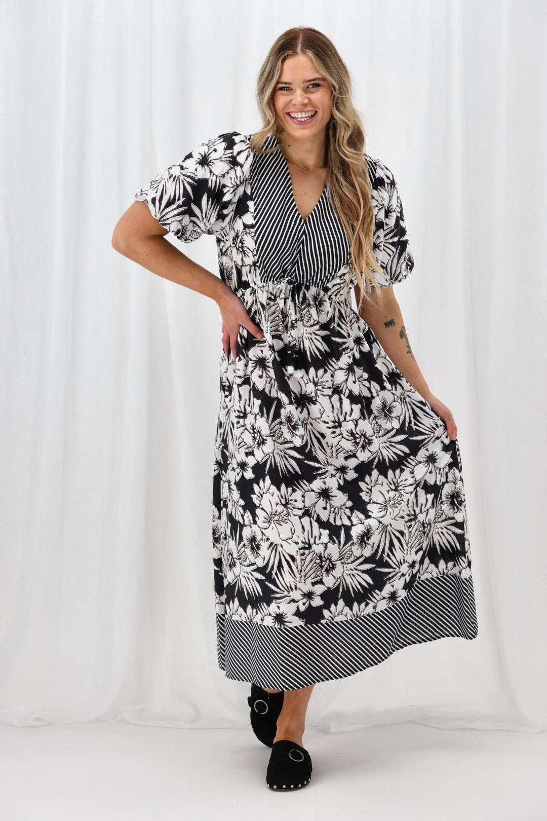 Sunday Boho Rebecca Border Print Dress Black White