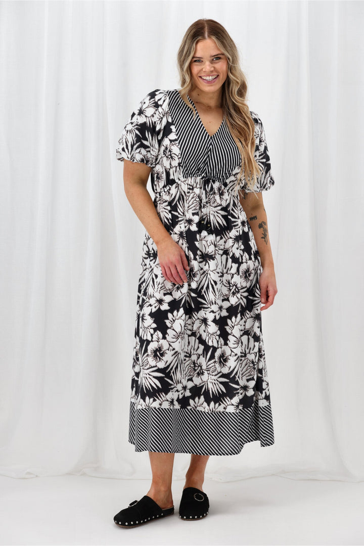 Sunday Boho Rebecca Border Print Dress Black White