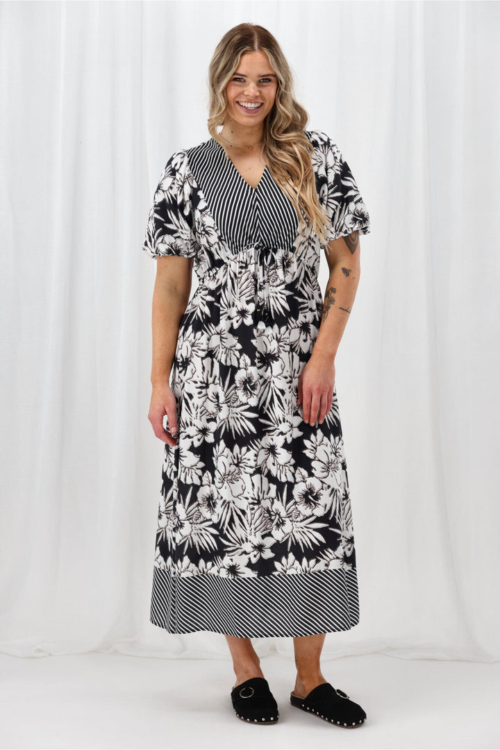 Sunday Boho Rebecca Border Print Dress Black White