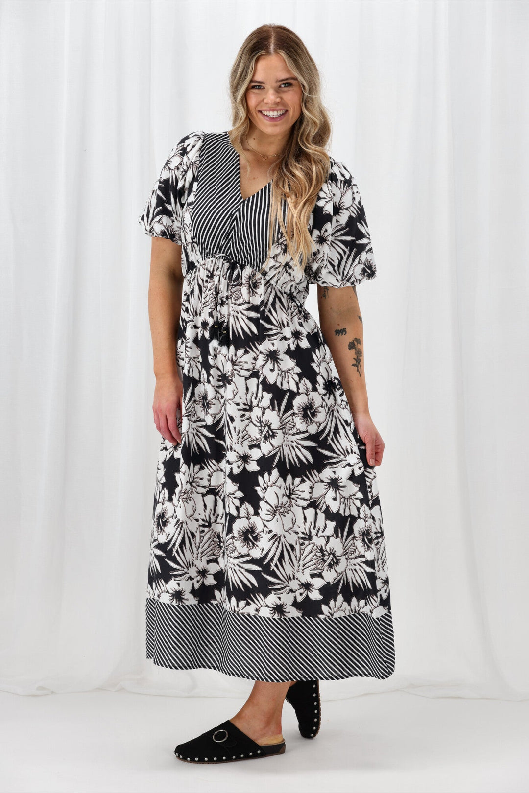 Sunday Boho Rebecca Border Print Dress Black White