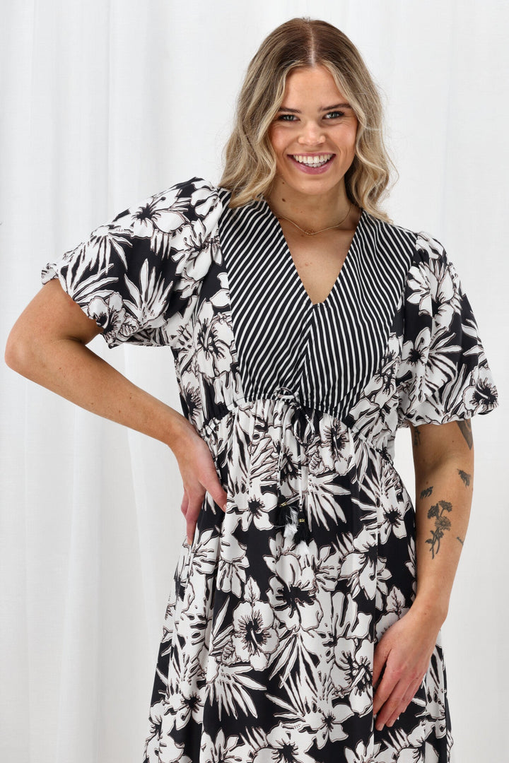 Sunday Boho Rebecca Border Print Dress Black White