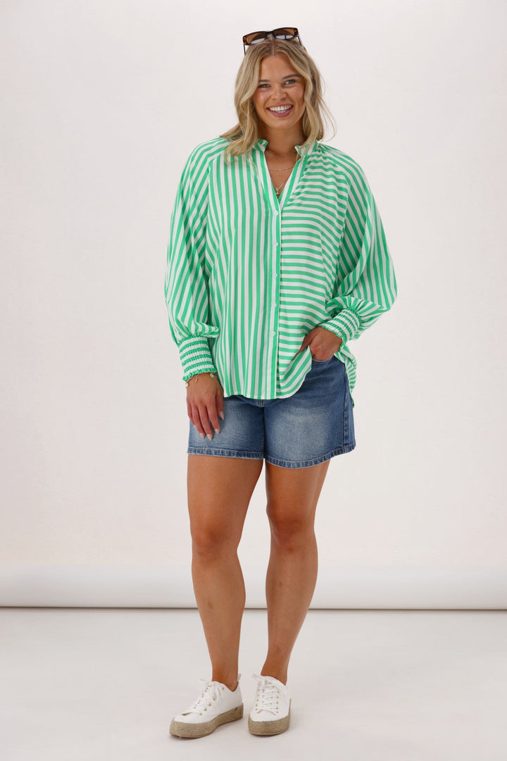 Sunday Boho Reece Stripe Blouse Green Stripe