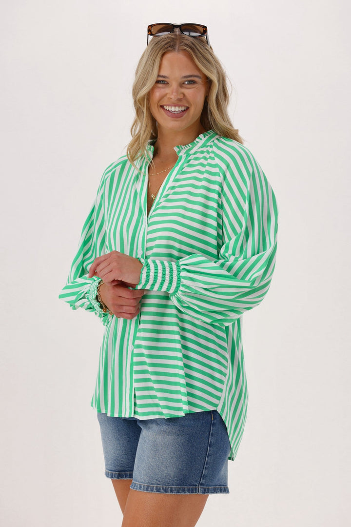 Sunday Boho Reece Stripe Blouse Green Stripe