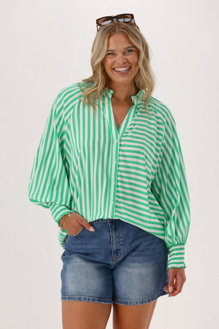 Sunday Boho Reece Stripe Blouse Green Stripe